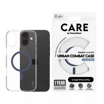 PanzerGlass CARE™ by ® Urban Combat maciņš caurspīdīgs ar zilu MagSafe iPhone 16 Plus
