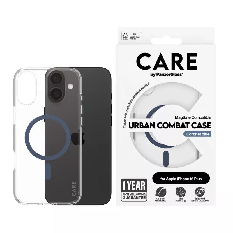 PanzerGlass CARE™ by ® Urban Combat maciņš caurspīdīgs ar zilu MagSafe iPhone 16 Plus