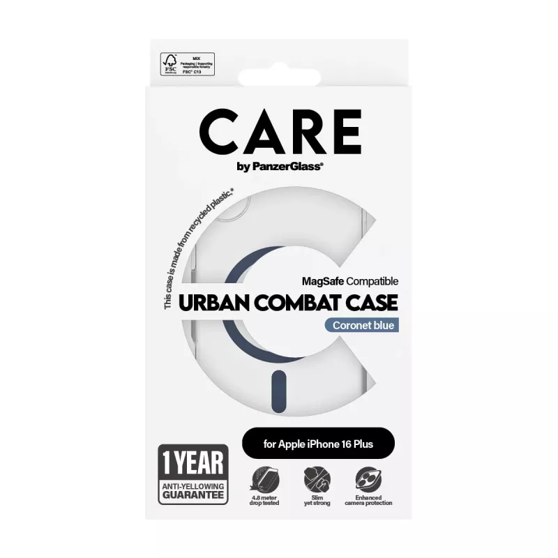 PanzerGlass CARE™ by ® Urban Combat maciņš caurspīdīgs ar zilu MagSafe iPhone 16 Plus