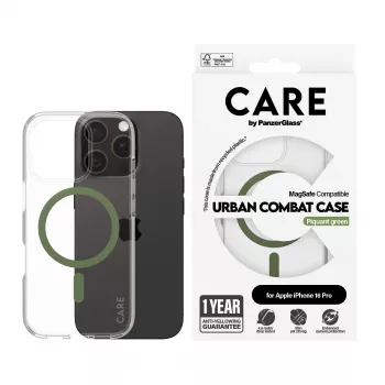 PanzerGlass CARE™ by ® Urban Combat maciņš caurspīdīgs ar zaļu MagSafe iPhone 16 Pro