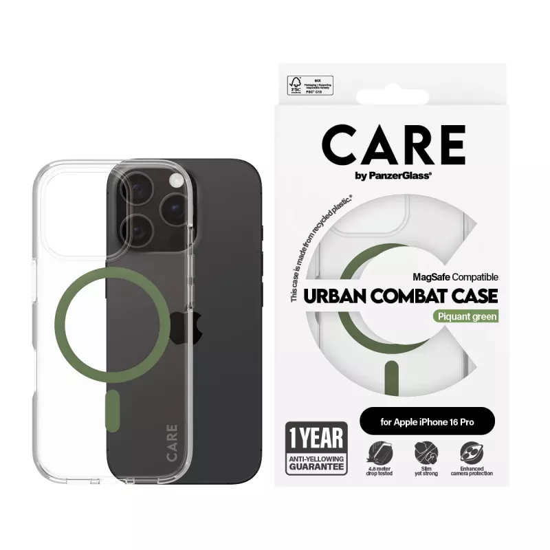 PanzerGlass CARE™ by ® Urban Combat maciņš caurspīdīgs ar zaļu MagSafe iPhone 16 Pro