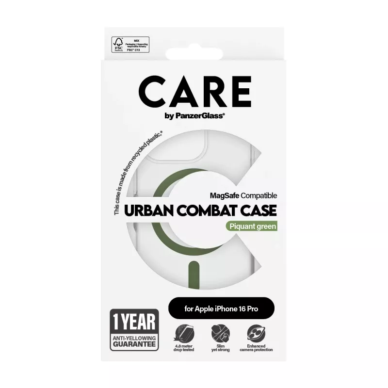 PanzerGlass CARE™ by ® Urban Combat maciņš caurspīdīgs ar zaļu MagSafe iPhone 16 Pro