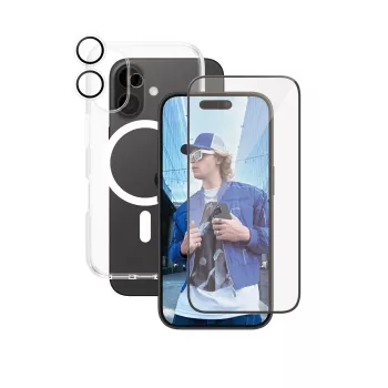 PanzerGlass ® | CARE by ® Flagship 3-in-1 komplekts iPhone 16, Apple, Apple - iPhone 16, Sausā uzklāšana, Izturīgs pret skrāpējumiem, Triecienizturīgs, Caurspīdīgs, 1 gab.