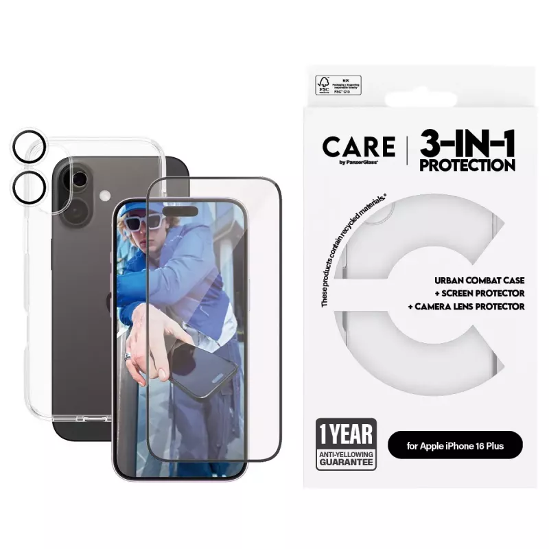 PanzerGlass ® | CARE by ® Flagship 3-in-1 komplekts iPhone 16 Plus