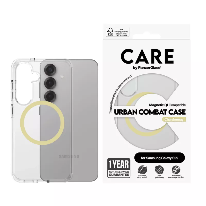 “PanzerGlass CARE™ by ® Urban Combat” maciņš caurspīdīgs ar Chardonnay Qi Saderīga Samsung Galaxy S25