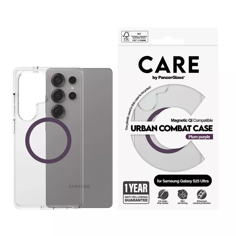 PanzerGlass CARE™ by ® Urban Combat Case caurspīdīgs ar plūmju violeto krāsu Qi saderīgs Samsung Galaxy S25 Ultra