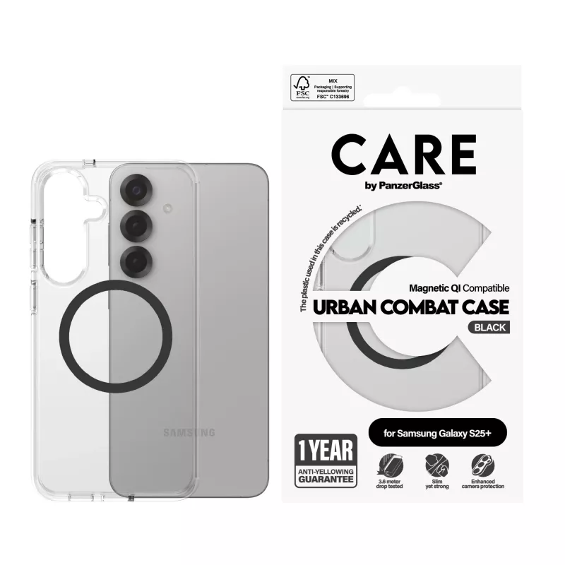 PanzerGlass CARE™ by ® Urban Combat Case caurspīdīgs ar melnu Qi saderīgs Samsung Galaxy S25+