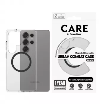 PanzerGlass CARE™ by ® Urban Combat maciņš, caurspīdīgs, ar melnu Qi, saderīgs, Samsung Galaxy S25 Ultra