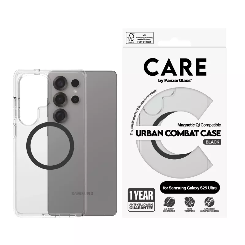 PanzerGlass CARE™ by ® Urban Combat maciņš, caurspīdīgs, ar melnu Qi, saderīgs, Samsung Galaxy S25 Ultra