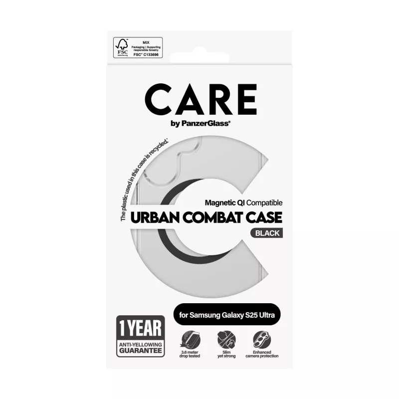 PanzerGlass CARE™ by ® Urban Combat maciņš, caurspīdīgs, ar melnu Qi, saderīgs, Samsung Galaxy S25 Ultra