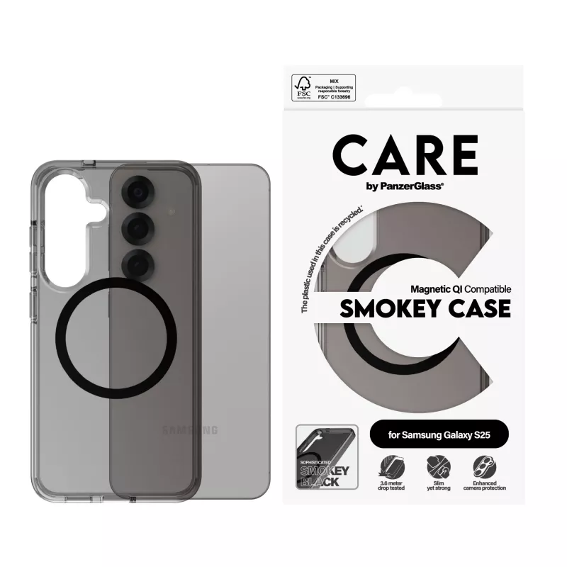 PanzerGlass CARE™ by ® Urban Combat Case Smokey w. Melns Qi Saderīga Samsung Galaxy S25