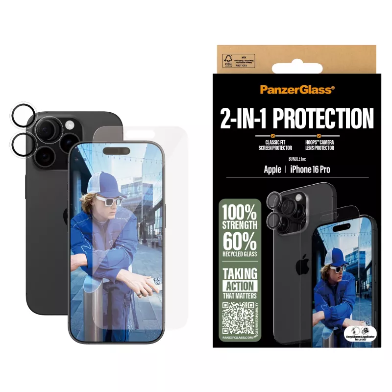 PanzerGlass ® 2 vienā komplekts iPhone 16 Pro, Apple, Apple - iPhone 16 Pro, Sausa uzklāšana, Izturīgs pret skrāpējumiem, Triecienizturīgs, Caurspīdīgs, 1 gab.