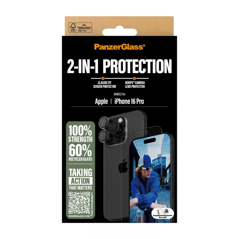 PanzerGlass ® 2 vienā komplekts iPhone 16 Pro, Apple, Apple - iPhone 16 Pro, Sausa uzklāšana, Izturīgs pret skrāpējumiem, Triecienizturīgs, Caurspīdīgs, 1 gab.