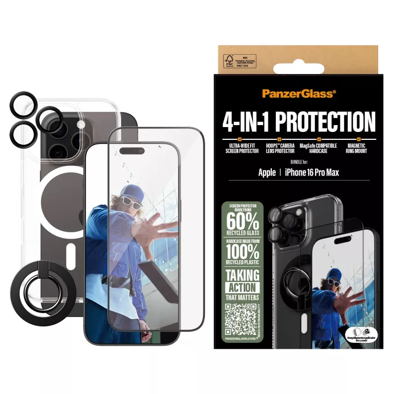 PanzerGlass ® 4-in-1 aizsardzības komplekts iPhone 16 Pro Max, Apple, Apple - iPhone 16 Pro Max, Sausa uzklāšana, Izturīgs pret skrāpējumiem, Triecienizturīgs, Caurspīdīgs, 1 gab.