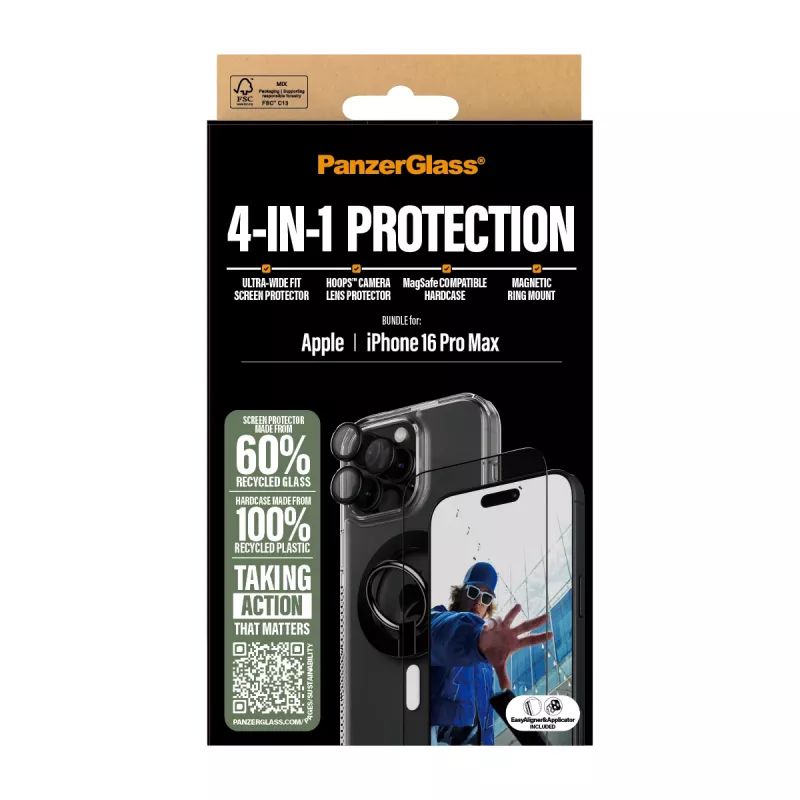 PanzerGlass ® 4-in-1 aizsardzības komplekts iPhone 16 Pro Max, Apple, Apple - iPhone 16 Pro Max, Sausa uzklāšana, Izturīgs pret skrāpējumiem, Triecienizturīgs, Caurspīdīgs, 1 gab.