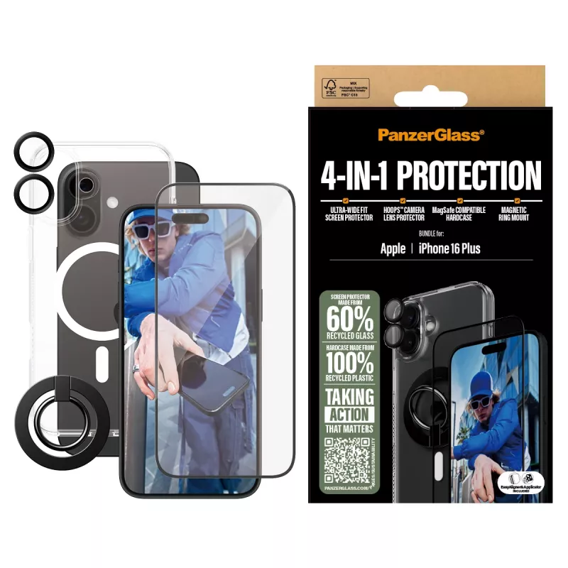 PanzerGlass ® 4-in-1 Protection Bundle iPhone 16 Plus, Apple, Apple - iPhone 16 Plus, Sausa uzlikšana, Izturīgs pret skrāpējumiem, Triecienizturīgs, Caurspīdīgs, 1 gab.
