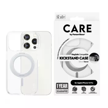 PanzerGlass CARE™ by ® korpuss caurspīdīgs ar sudraba statīvu un MagSafe iPhone 15 Pro