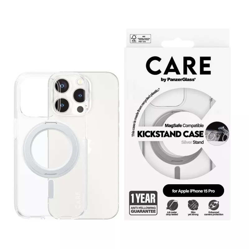 PanzerGlass CARE™ by ® korpuss caurspīdīgs ar sudraba statīvu un MagSafe iPhone 15 Pro
