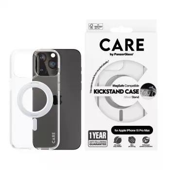 PanzerGlass CARE™ by ® Caurspīdīgs maciņš ar sudraba statīvu un MagSafe iPhone 15 Pro Max