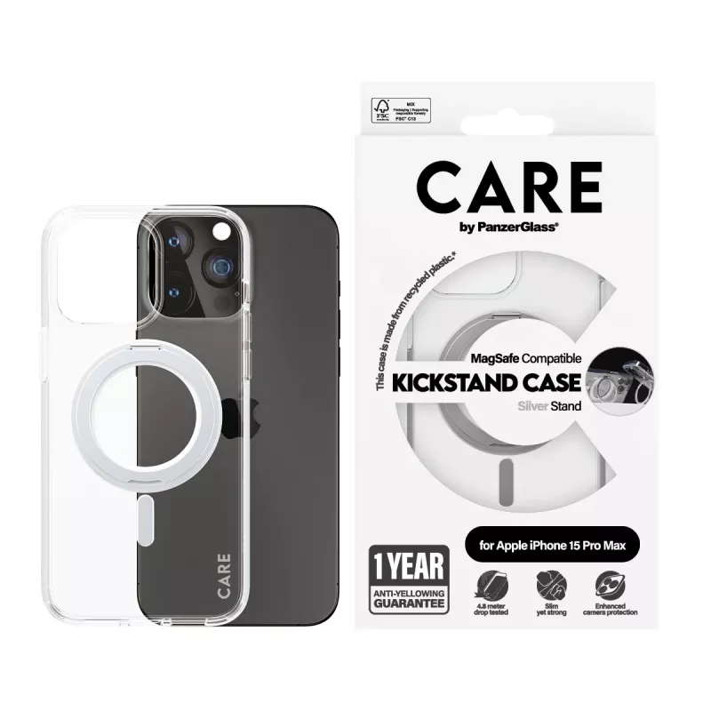 PanzerGlass CARE™ by ® Caurspīdīgs maciņš ar sudraba statīvu un MagSafe iPhone 15 Pro Max