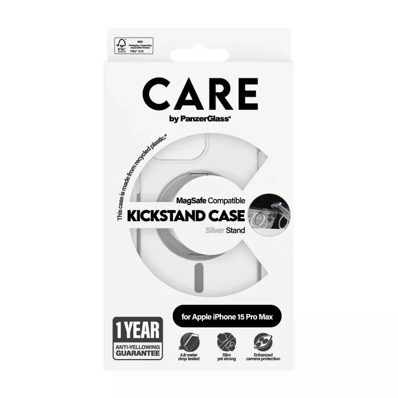 PanzerGlass CARE™ by ® Caurspīdīgs maciņš ar sudraba statīvu un MagSafe iPhone 15 Pro Max