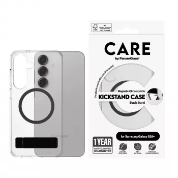 PanzerGlass CARE™ by ® Caurspīdīgs maciņš ar melnu statīvu un Qi saderību Samsung Galaxy S25+