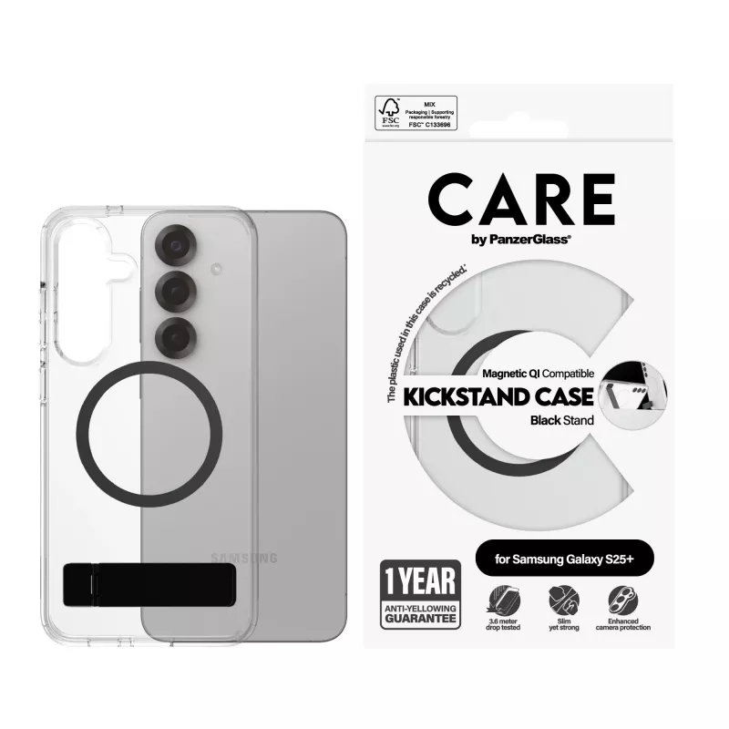 PanzerGlass CARE™ by ® Caurspīdīgs maciņš ar melnu statīvu un Qi saderību Samsung Galaxy S25+