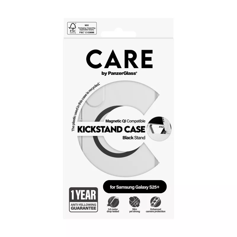 PanzerGlass CARE™ by ® Caurspīdīgs maciņš ar melnu statīvu un Qi saderību Samsung Galaxy S25+