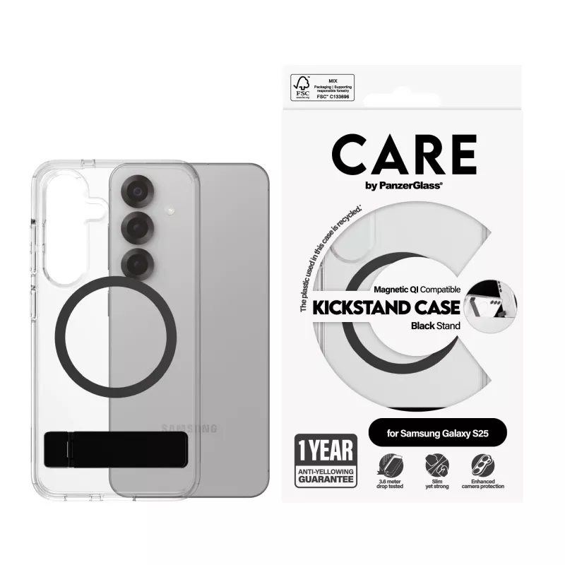 PanzerGlass CARE™ by ® vāciņš caurspīdīgs ar melnu balstu un Qi saderīgs Samsung Galaxy S25