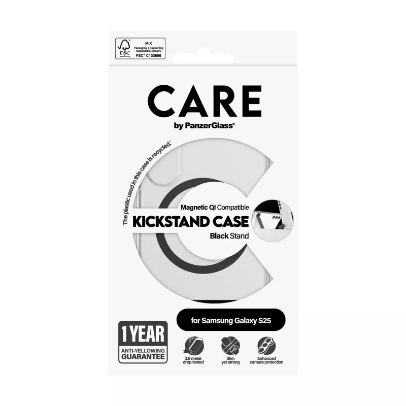 PanzerGlass CARE™ by ® vāciņš caurspīdīgs ar melnu balstu un Qi saderīgs Samsung Galaxy S25