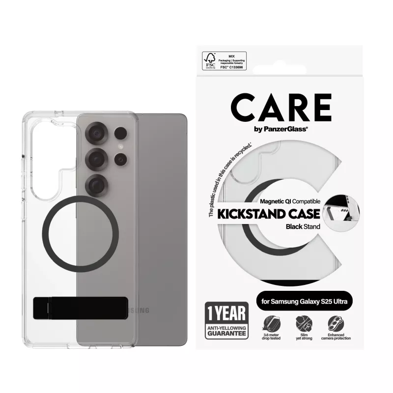 “PanzerGlass CARE™” by ”®” maciņš caurspīdīgs ar melnu paliktni un Qi saderīgs “Samsung Galaxy S25 Ultra”