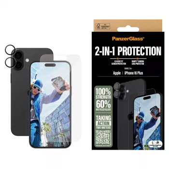 PanzerGlass ® 2-in-1 komplekts iPhone 16 Plus, Apple, Apple - iPhone 16 Plus, Sausā uzklāšana, Izturīgs pret skrāpējumiem, Triecienizturīgs, Caurspīdīgs, 1 gab.