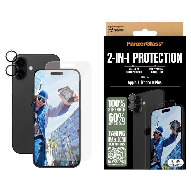 PanzerGlass ® 2-in-1 komplekts iPhone 16 Plus, Apple, Apple - iPhone 16 Plus, Sausā uzklāšana, Izturīgs pret skrāpējumiem, Triecienizturīgs, Caurspīdīgs, 1 gab.