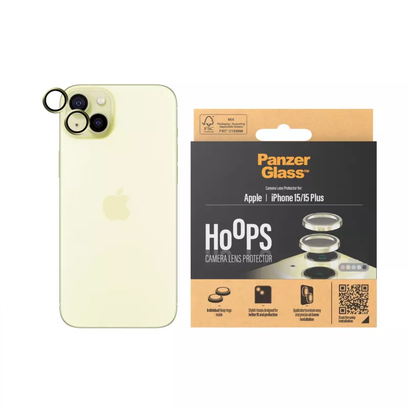 PanzerGlass® Hoops® Kameras objektīva aizsargs dzeltens iPhone 15 | 15 Plus