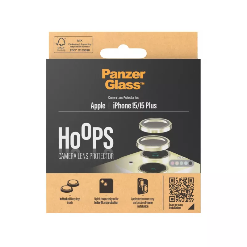 PanzerGlass® Hoops® Kameras objektīva aizsargs dzeltens iPhone 15 | 15 Plus