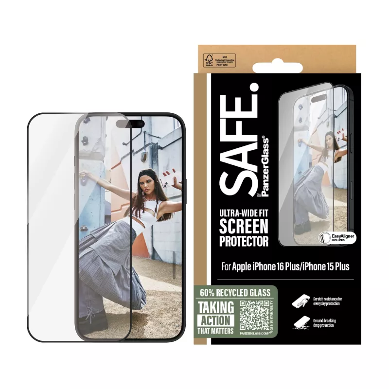 PanzerGlass SAFE. by ® Ekrāna aizsargs ar melnu rāmi iPhone 16 Plus | 15 Plus | Ultra-Wide Fit