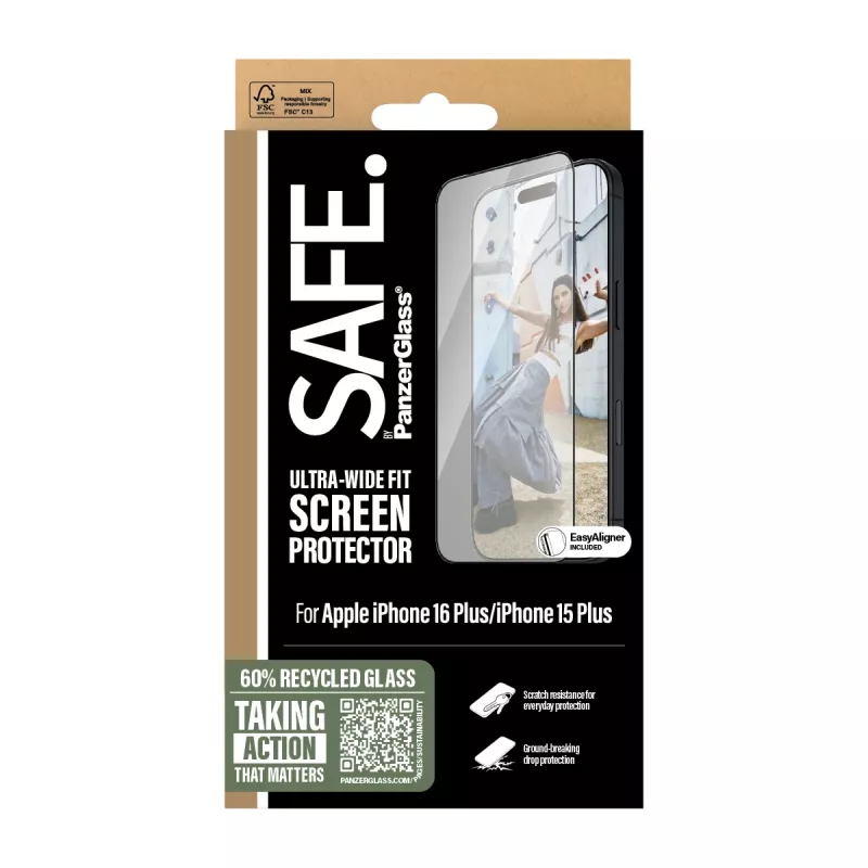 PanzerGlass SAFE. by ® Ekrāna aizsargs ar melnu rāmi iPhone 16 Plus | 15 Plus | Ultra-Wide Fit