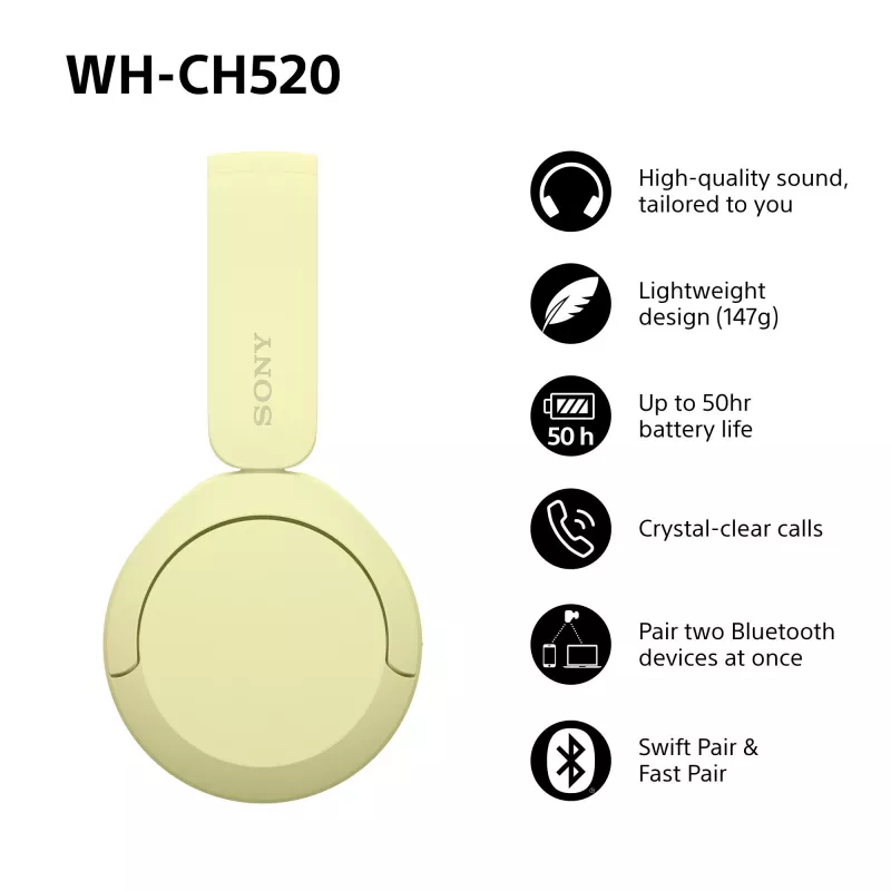 Sony WHCH520Y.CE7, Bezvadu, Zvani/Mūzika, 20 - 20000 Hz, 147 g, Austiņas, Dzeltena