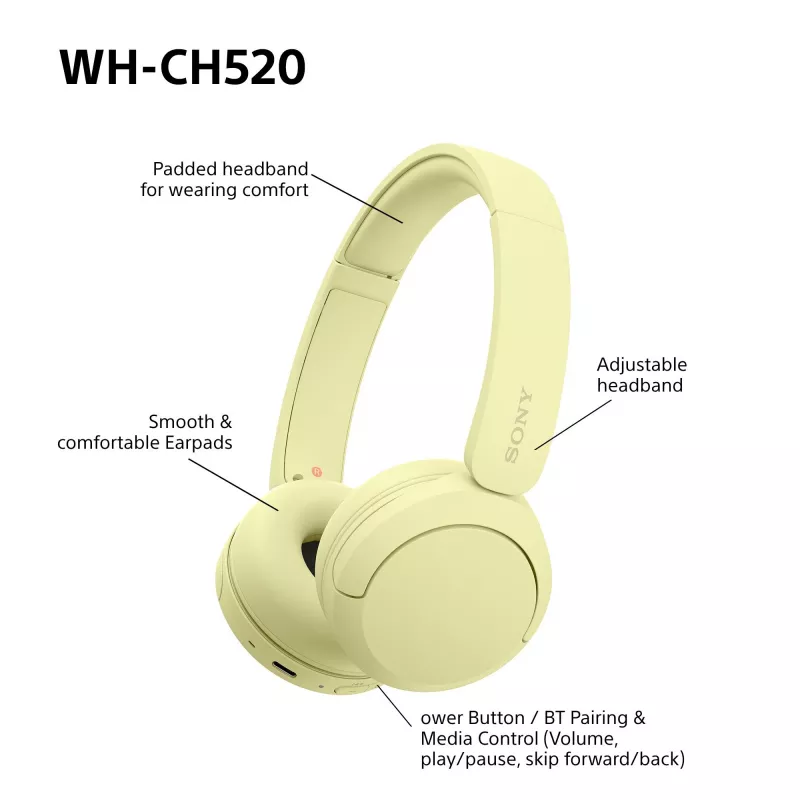 Sony WHCH520Y.CE7, Bezvadu, Zvani/Mūzika, 20 - 20000 Hz, 147 g, Austiņas, Dzeltena