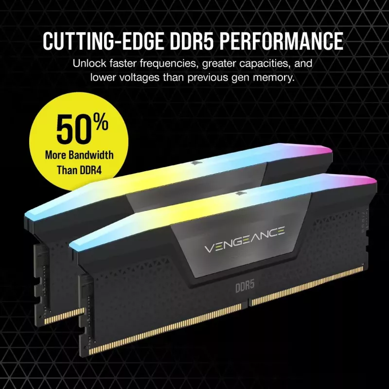 CORSAIR atmiņa 32GB DDR5 (2x16GB) DRAM 6400MT/s CL36 atmiņas komplekts Vengeance RGB — melna
