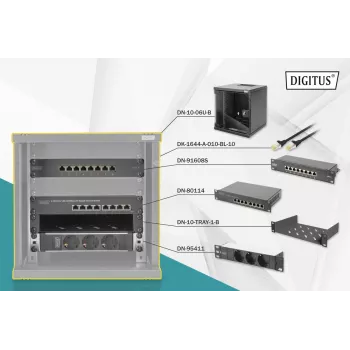 DIGITUS 10in tīkla komplekts - 6U skapis melns plaukts PDU 8 portu komutators CAT6 ielāpu panelis