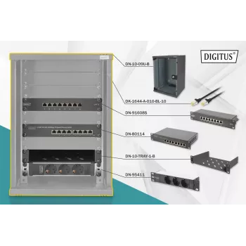 DIGITUS 10in tīkls bundle incl. 9U cabinet Melns shelf PDU 8-port switch CAT6 patch panel