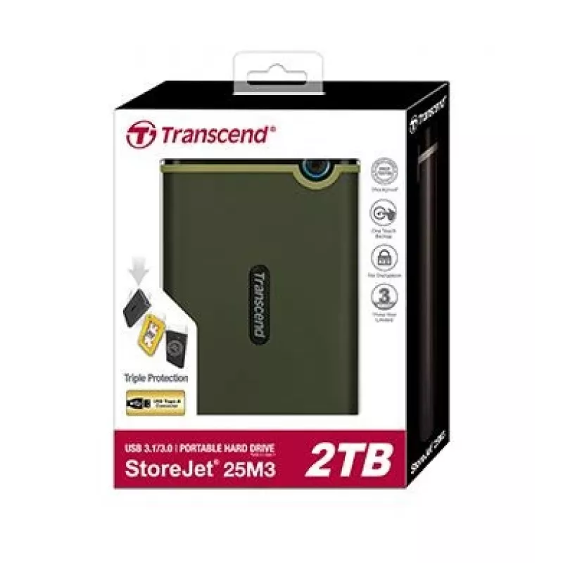 TRANSCEND Storejet 25m3 2TB SATA 2.5in USB3.0 Military zaļa