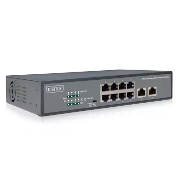 DIGITUS Fast Ethernet PoE af/at 8 portu slēdzis + 2 augšupsaites 120W PoE jaudas budžets, piemērots montāžai statnē