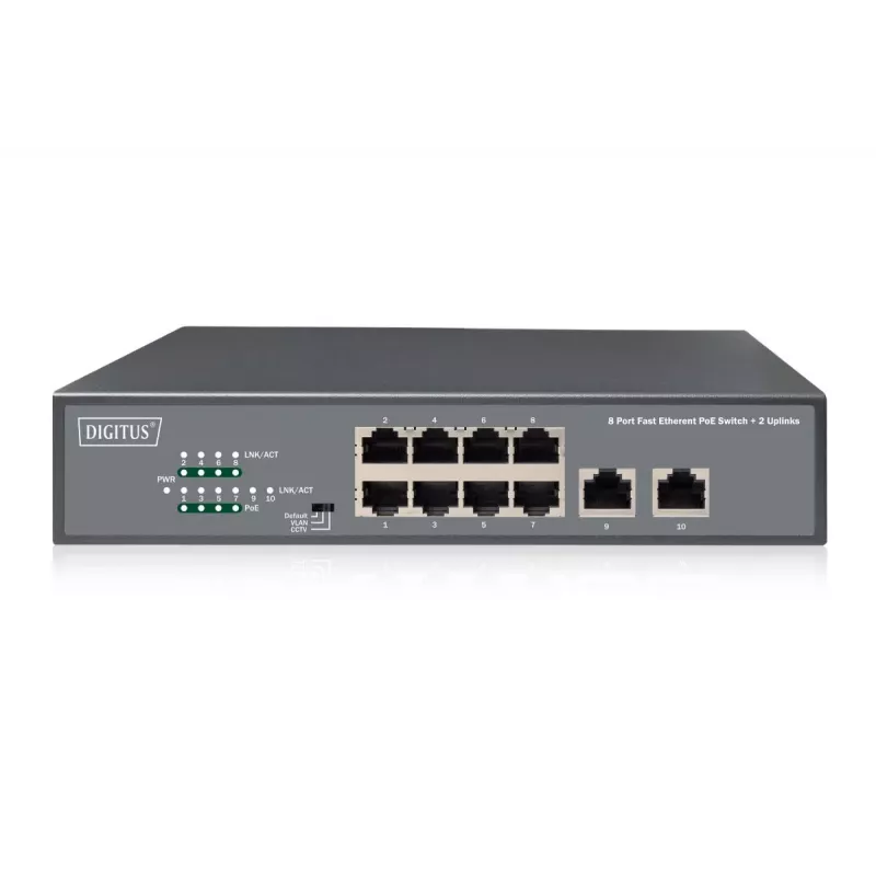 DIGITUS Fast Ethernet PoE af/at 8 portu slēdzis + 2 augšupsaites 120W PoE jaudas budžets, piemērots montāžai statnē