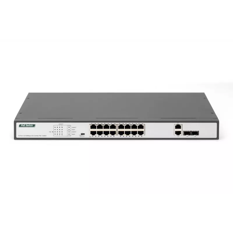DIGITUS Fast Ethernet PoE komutators 16-portu PoE + 2 Combo. 250 W PoE budžets