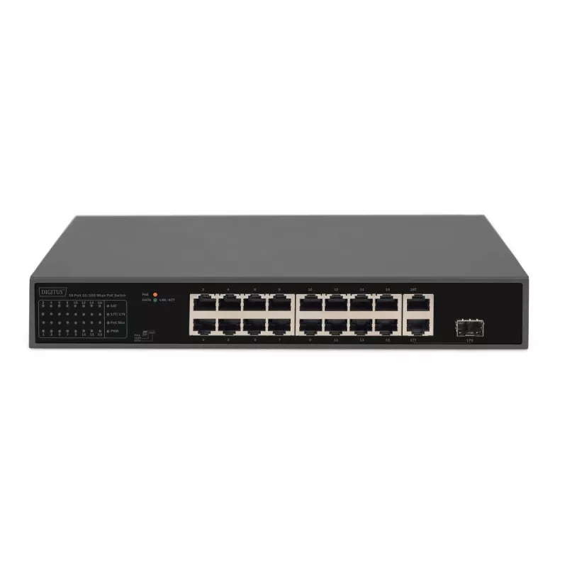 DIGITUS PoE slēdzis 16 Portu 10/100 Mb/s 16 x10/100Mb/s PoE RJ45 Porti,1x GE RJ45,1x SFP