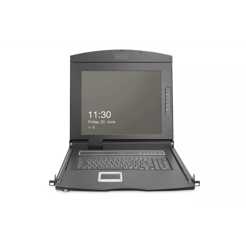 DIGITUS modulāra 43,2 cm (19 collu) HD TFT konsole ar 8 pieslēgvietu KVM. RAL 9005 melna - GE tastatūra