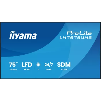 iiyama LH7575UHS-B2AG Signage Displejs Digitālās izkārtnes plakanais panelis 190.5 cm (75 collas) LCD Wi-Fi 500 cd/m² 4K Ultra HD Melns Iebūvēts procesors Android 11 24/7