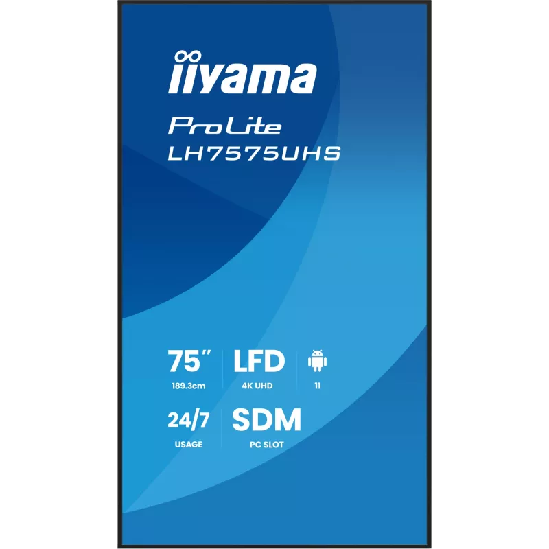 iiyama LH7575UHS-B2AG Signage Displejs Digitālās izkārtnes plakanais panelis 190.5 cm (75 collas) LCD Wi-Fi 500 cd/m² 4K Ultra HD Melns Iebūvēts procesors Android 11 24/7